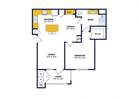 Floor plan for 1 bed, 1 bath, 761 sqft
