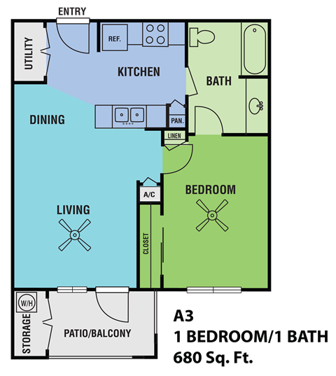 Floor plan for 1 bed, 1 bath, 752 sqft