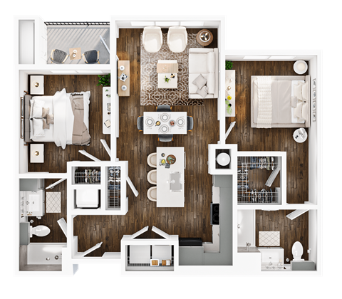 Floor plan for 2 beds, 2 baths, 897 sqft