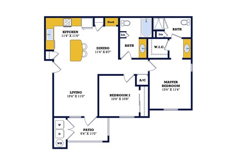 Floor plan for 2 beds, 2 baths, 982 sqft