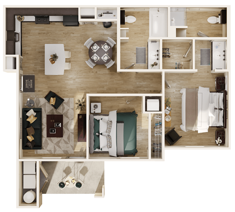 Floor plan for 2 beds, 2 baths, 982 sqft