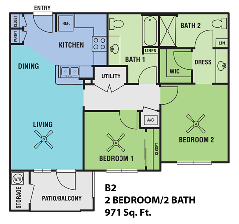 Floor plan for 2 beds, 2 baths, 971 sqft