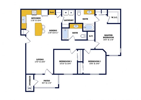 Floor plan for 3 beds, 2 baths, 1202 sqft