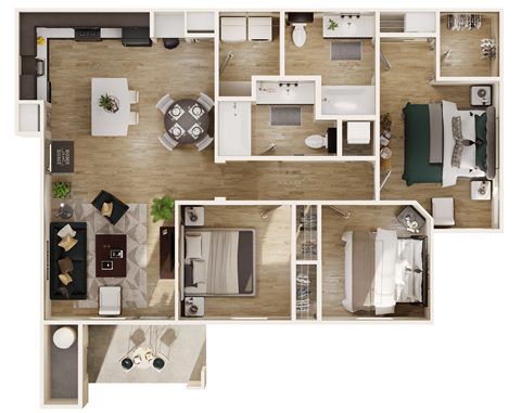 Floor plan for 3 beds, 2 baths, 1229 sqft