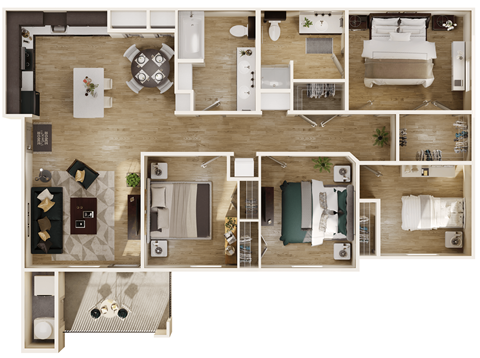 Floor plan for 4 beds, 2 baths, 1351 sqft