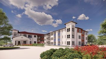 San Antonio apartment for rent - a rendering of an apartment building with a driveway and landscaping