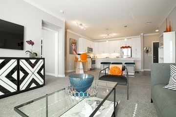 Centerville apartment for rent - A modern living room with a glass coffee table and a black and white patterned cabinet.