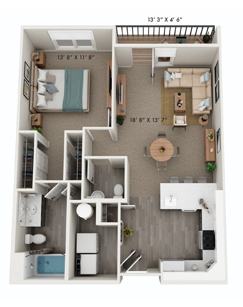 Floor plan for 1 bed, 1.5 baths, 830 sqft