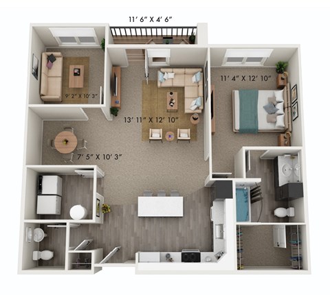 Floor plan for 1 bed, 1.5 baths, 1046 sqft