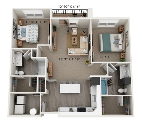 Floor plan for 2 beds, 2 baths, 1051 sqft