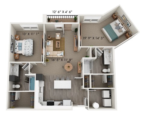 Floor plan for 2 beds, 2 baths, 1136 sqft
