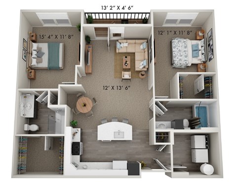 Floor plan for 2 beds, 2 baths, 1177 sqft