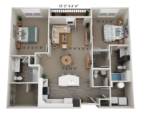 Floor plan for 2 beds, 2.5 baths, 1177 sqft