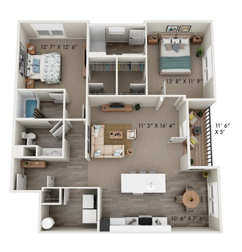 Floor plan for 2 beds, 2 baths, 1274 sqft