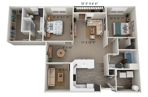 Floor plan for 2 beds, 2 baths, 1355 sqft