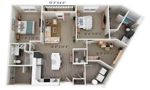 Floor plan for 2 beds, 2.5 baths, 1383 sqft