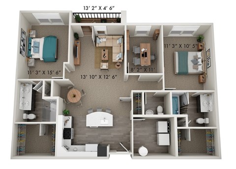 Floor plan for 2 beds, 2.5 baths, 1418 sqft