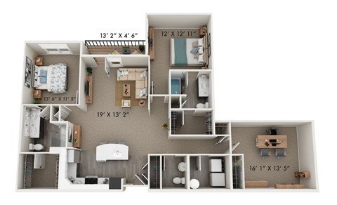 Floor plan for 2 beds, 2.5 baths, 1515 sqft