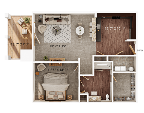 Floor plan for 1 bed, 1 bath, 803 sqft