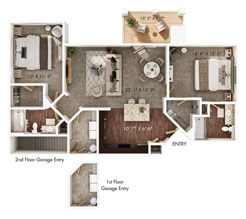 Floor plan for 2 beds, 2 baths, 1149 sqft