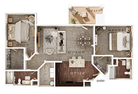 Floor plan for 2 beds, 2 baths, 1195 sqft