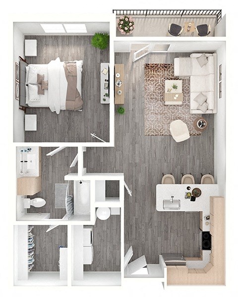 Floor plan for 1 bed, 1 bath, 894 sqft
