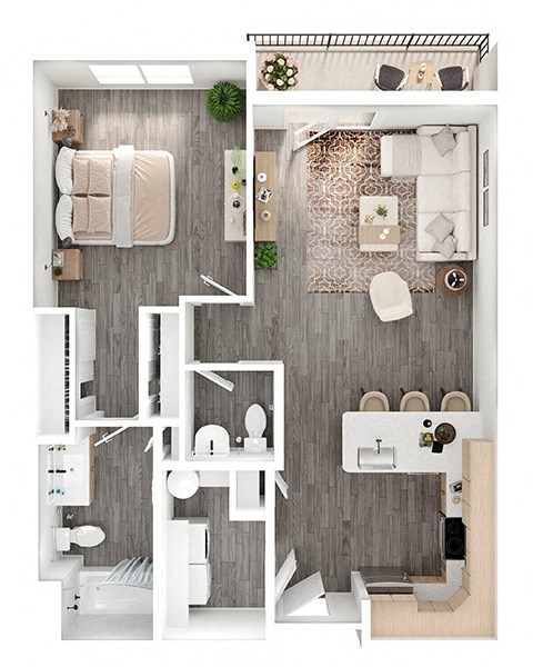 Floor plan for 1 bed, 1.5 baths, 890 sqft