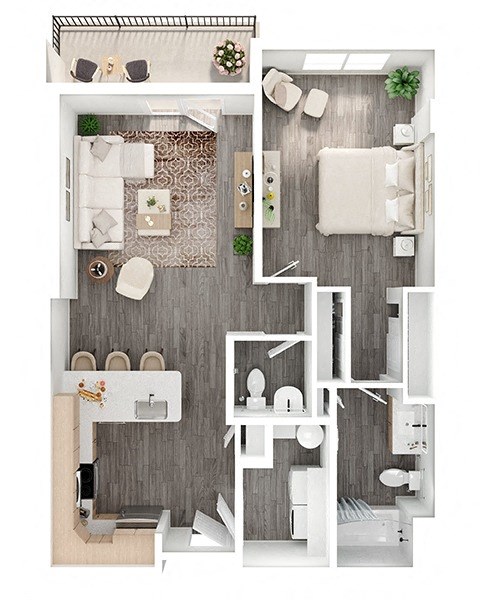 Floor plan for 1 bed, 1.5 baths, 942 sqft