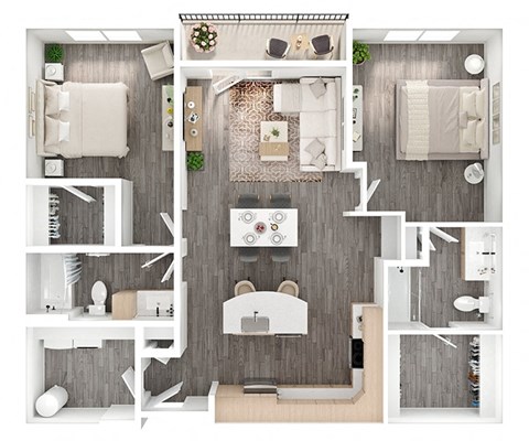 Floor plan for 2 beds, 2 baths, 1233 sqft