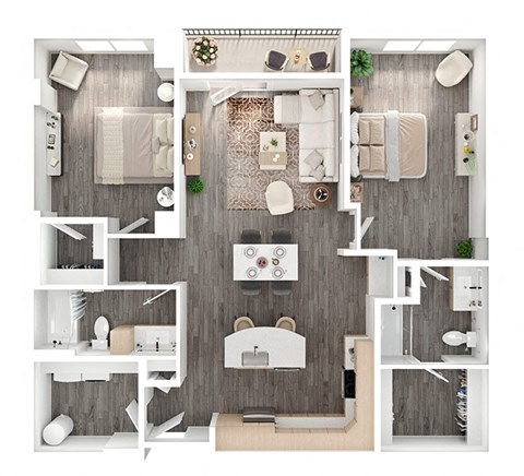 Floor plan for 2 beds, 2 baths, 1349 sqft