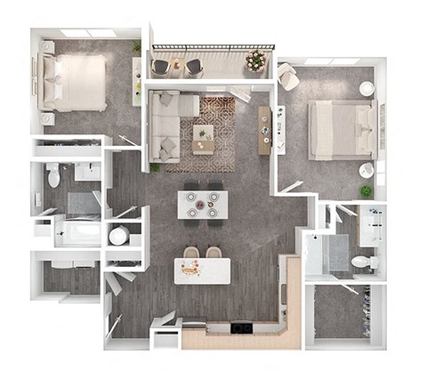 Floor plan for 2 beds, 2 baths, 1251 sqft