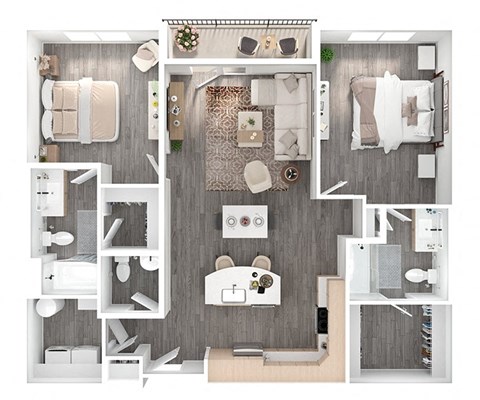 Floor plan for 2 beds, 2.5 baths, 1232 sqft