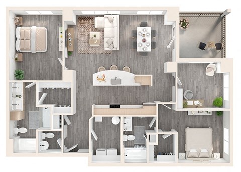 Floor plan for 2 beds, 2.5 baths, 1671 sqft