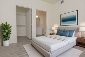 Las Vegas apartment for rent - A bedroom with a large bed and a potted plant.