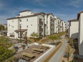 Las Vegas apartment for rent - A sunny day at a residential complex with a clear blue sky.
