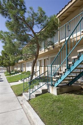 Las Vegas apartment for rent - A tree is in front of a building with a blue staircase.