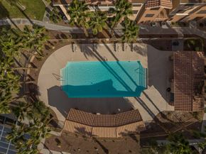 Las Vegas apartment for rent - An aerial view of a swimming pool surrounded by palm trees and a building.