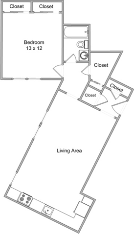 Floor plan for 1 bed, 1 bath, 550 sqft
