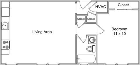 Floor plan for 1 bed, 1 bath, 600 sqft