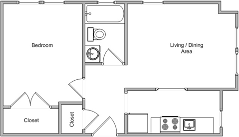 Floor plan for 1 bed, 1 bath, 750 sqft