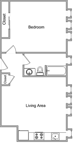 Floor plan for 1 bed, 1 bath, 750 sqft