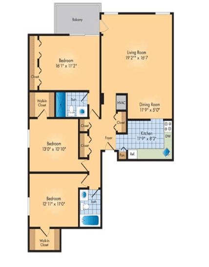 Floor plan for 3 beds, 2 baths, 1350 sqft