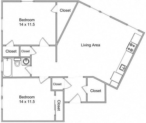 Floor plan for 2 beds, 1 bath, 700 sqft
