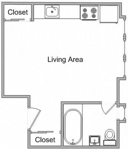 Floor plan for studio, 1 bath, 500 sqft