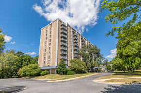Silver Spring apartment for rent - A tall building with a lot of windows and balconies is surrounded by trees and bushes.