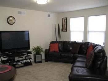Washington apartment for rent - A black leather couch sits in a living room with a television and a plant.