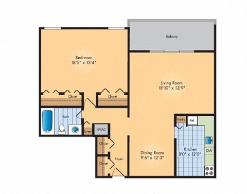 Floor plan for 1 bed, 1 bath, 996 sqft
