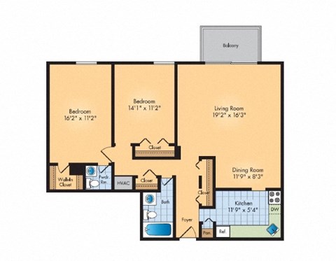 Floor plan for 2 beds, 1.5 baths, 1196 sqft