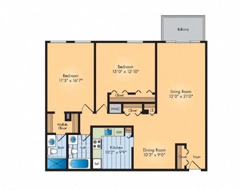 Floor plan for 2 beds, 2 baths, 1196 sqft