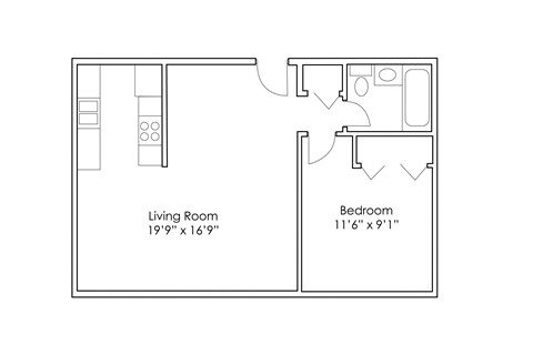 Floor plan for 1 bed, 1 bath, 557 sqft